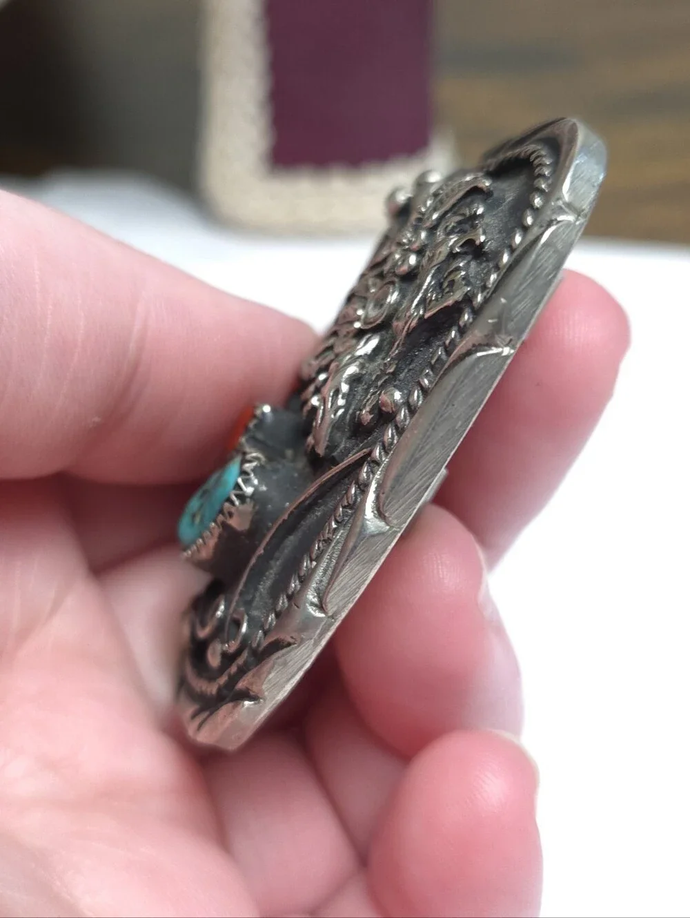 Vintage Native American Cheif Turquoise Coral Stone Bolo Tie Slide Signed SSI